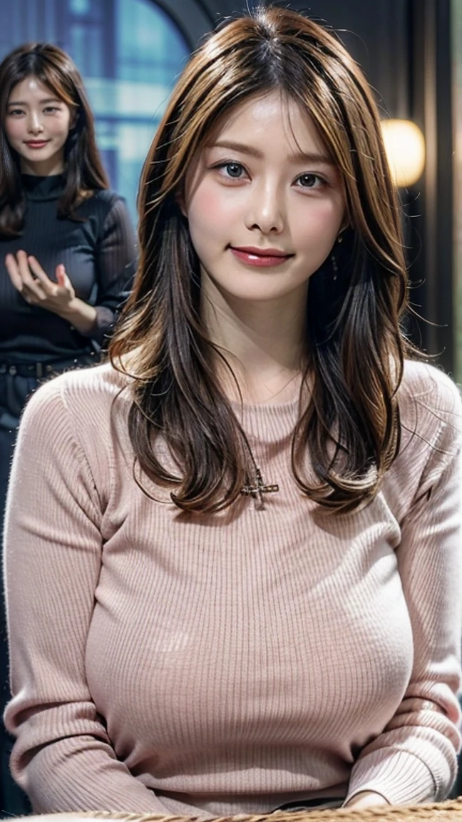 (best quality, masterpiece:1.2), (realistic, photo-realistic:1.4), RAW photo, high resolution, intricate details, extremely detailed, realistic and sharp details, cinematic lighting, portrait, solo, 1girl, a Japanese mature woman, female announcer sitting at desk, huge breasts, (pale pink turtleneck long sweater, tight miniskirt, detailed patterns), high heels, fit and body, dark hair, medium hair, (detailed face, beautiful detailed eyes, sophisticated nose), 
pale skin, fine-textured skin, shiny skin, sweaty, grinning, photo background, indoors, (the news show on tv, tv studio), screen monitor, detailed studio