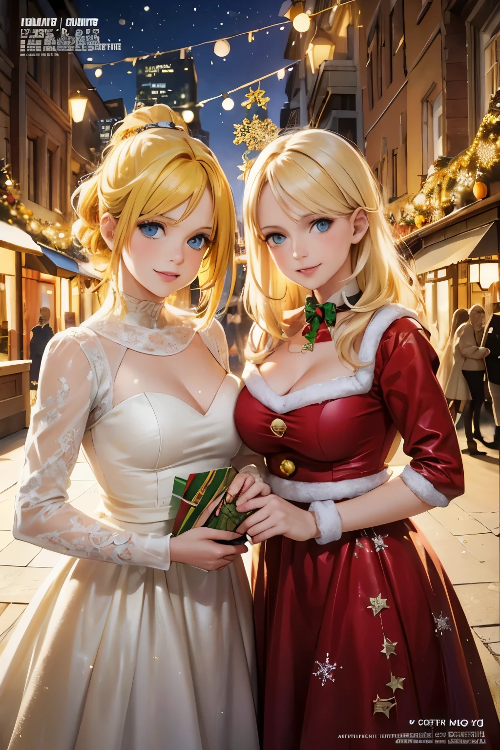 A mother and two daughters, yellow hair and blue eyes, on the cover of a magazine, bright colors, high resolution, realistic portrait, avant-garde, affectionate bond, fashionable clothing, captivating smiles, natural beauty, professional lighting, contemporary style, artistic composition, Christmas Eve, Christmas decorations in the background, Christmas tree