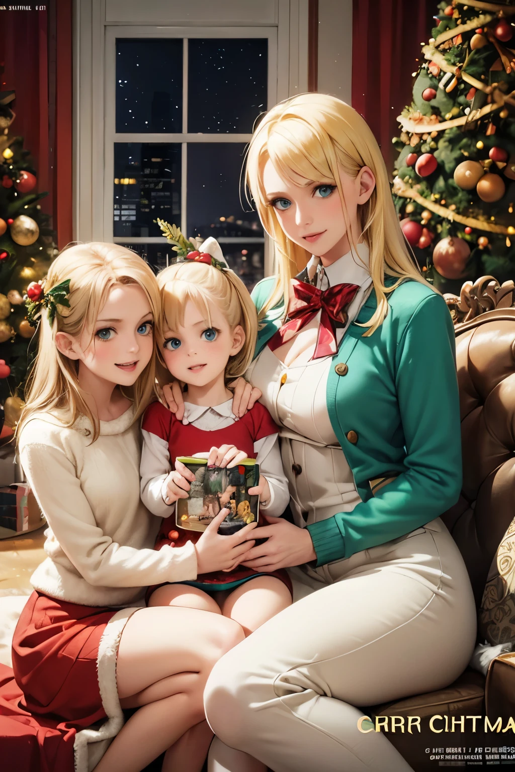 A mother and two daughters, yellow hair and blue eyes, on the cover of a magazine, bright colors, high resolution, realistic portrait, avant-garde, affectionate bond, fashionable clothing, captivating smiles, natural beauty, professional lighting, contemporary style, artistic composition, Christmas Eve, Christmas decorations in the background, Christmas tree