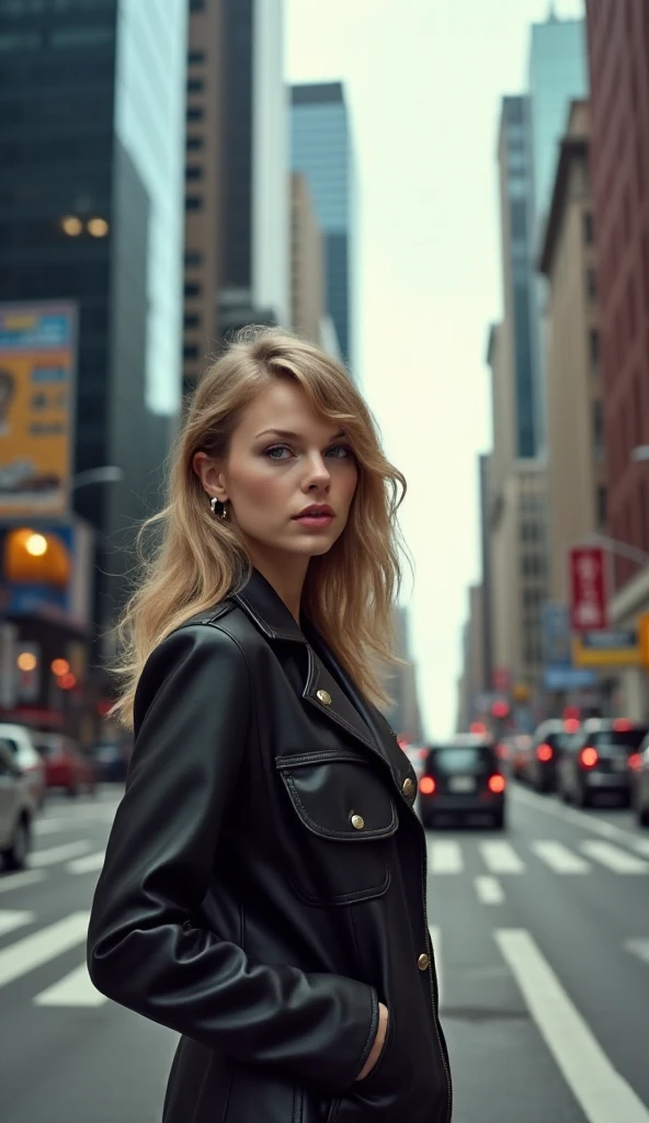 taylor swift standing on the street corner, sharp focus, 8k wallpaper