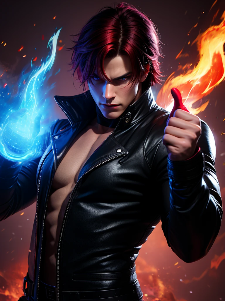 A male character with bright red, messily styled hair and serious eyes, similar to a charismatic wrestler. He wears a short black leather jacket with striking details and elegant dark pants. His pose is powerful and he is surrounded by an intimidating aura. He holds glowing flames in both hands, with purple and red fire that appears to move fluidly and realistically. The background is dark with a gloomy atmosphere, highlighting the fire and details of the character. The character's anatomy is completely proportioned, with emphasis on the details of the face, hands and clothing. Realistic style, with dramatic lighting and detailed textures.