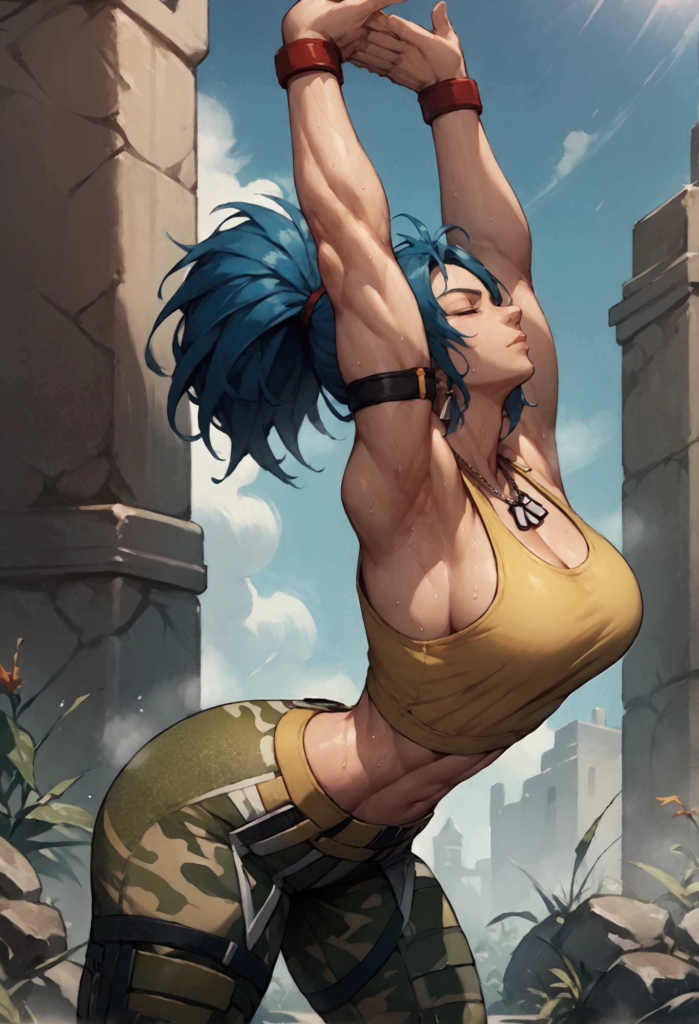 score_9, score_8_up, score_7_up, source_anime, solo, 1girl, Leona Heidern, cammystretch, standing, stretching, arms up, dark blue hair, yellow tanktop, muscular, camouflage pants, dog tags, shoulder bracelet, outdoor, sweaty