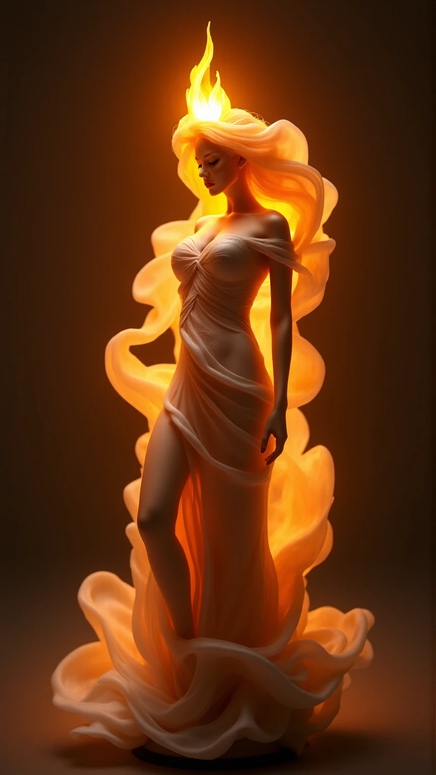 Imagine a single candle, exquisitely sculpted in the enchanting form of a curvaceous figure of a woman. Her silhouette is adorned with flowing curves and intricate folds that evoke the elegance of a gown. The wax possesses a soft, creamy texture, while the flame flickers gently at the crown of her head, resembling a radiant halo.

Delicate drips of melted wax cascade down her form, enhancing the lifelike detail as if she is awakening from a dream. The scene is bathed in her warm, flickering glow, casting playful shadows that dance around her, creating a serene and intimate ambiance. This magical moment captures the essence of beauty and transformation, inviting viewers into a world where art and fantasy intertwine.