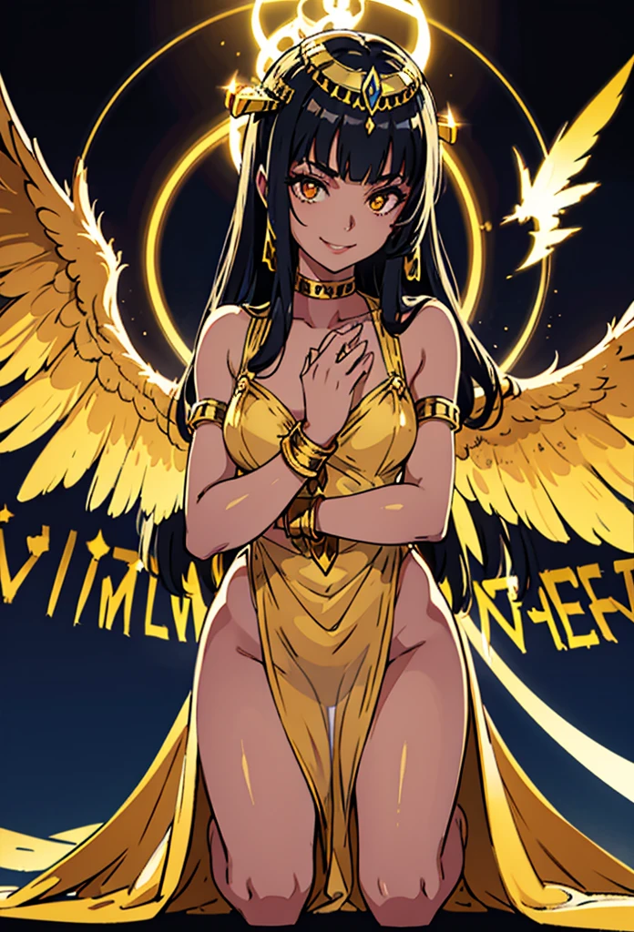 Lush valkyrie with colored skin, eyes the color of honey, with abundant black afro hair, tanned skin, very marked abdomen and large breasts, dressed in a white and gold dress with a very marked neckline, 