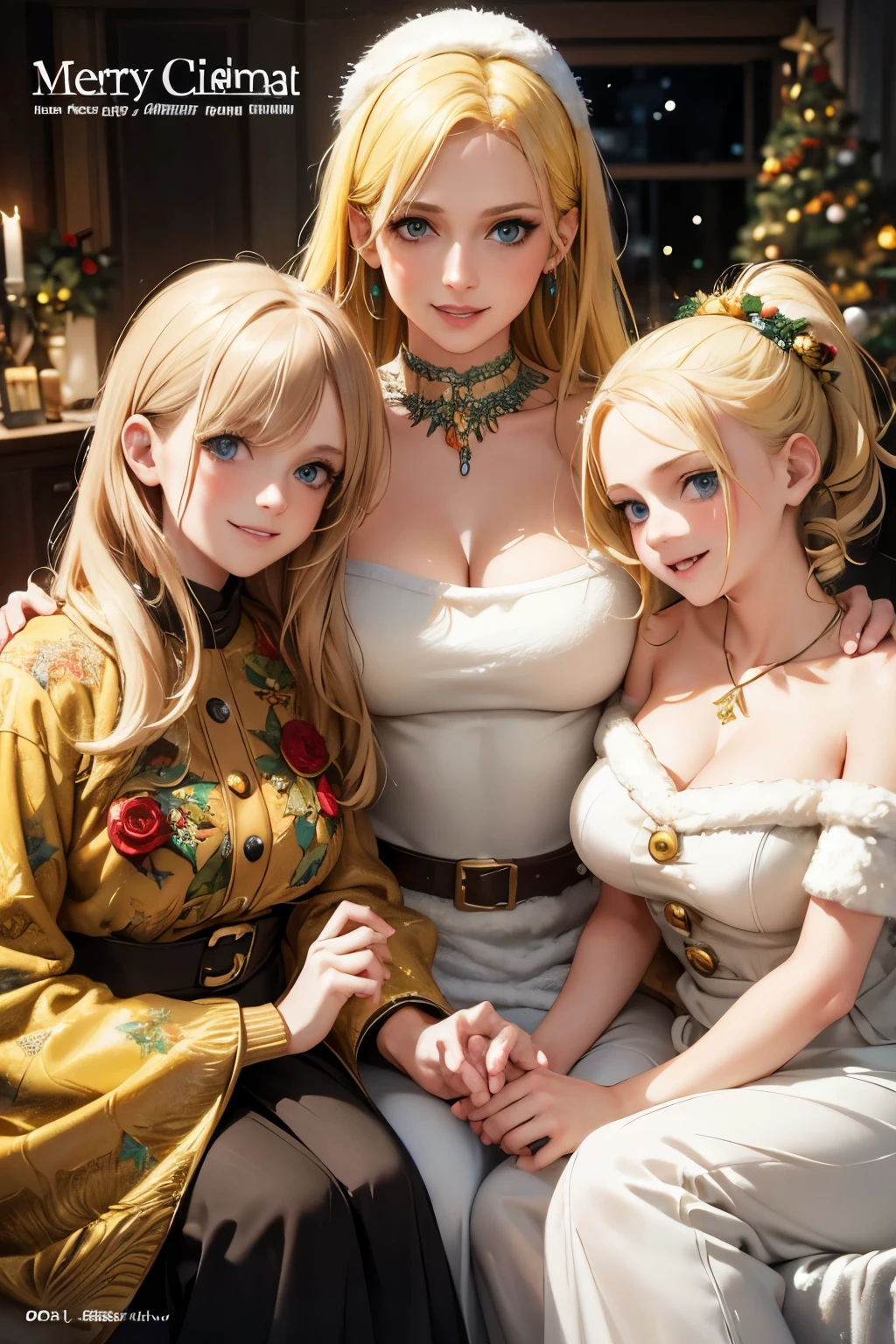 A mother and two daughters, yellow hair and blue eyes, on the cover of a magazine, bright colors, high resolution, realistic portrait, avant-garde, affectionate bond, fashionable clothing, captivating smiles, natural beauty, professional lighting, contemporary style, artistic composition, Christmas Eve, Christmas decorations in the background, Christmas tree