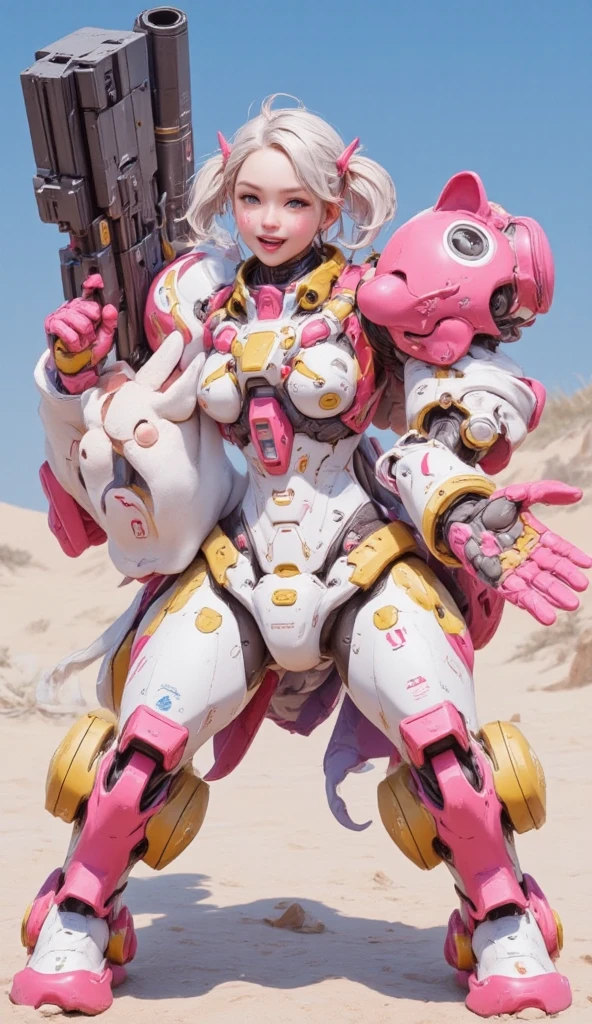  A cute girl robot is holding a teddy bear.  colorful flower pattern on the body , Equipped with a heavy beam Gatling gun on her back , Feeling cute .  Joints and gaps in her body glow pink ..Hardcore machine .  new anime style ,cute  background,High brightness. bright colors , ,  relaxed mood.whole body, Sharp teeth, open mouth,tongue