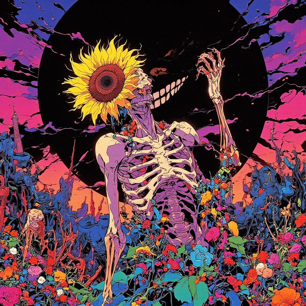 &quot;James Jean Simple&quot; Psychedelic Art，Horror, a skinny pale and starv death man with a color full sunflower instead his head, huge gargantuan black sun with mad smile, humanoids overgrown with flowers, woman standing on knees
