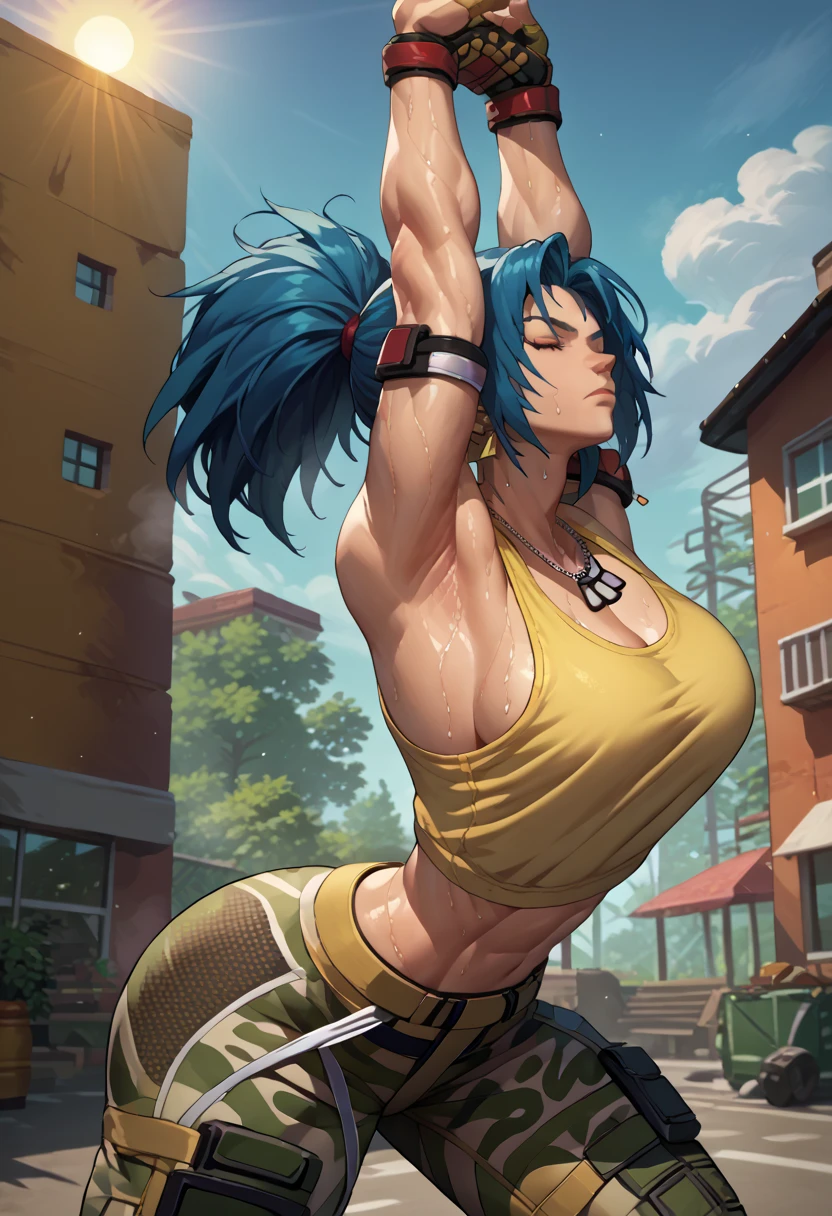 score_9, score_8_up, score_7_up, source_anime, solo, 1girl, Leona Heidern, cammystretch, standing, stretching, arms up, dark blue hair, yellow tanktop, muscular, camouflage pants, dog tags, shoulder bracelet, outdoor, sweaty, hot sun