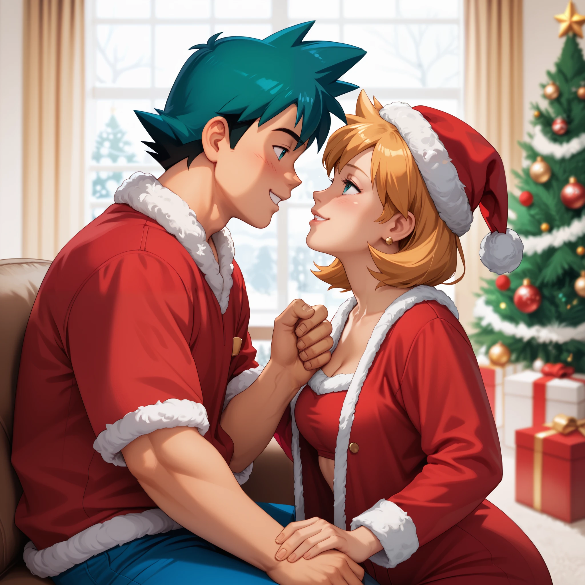 highly detailed, (couple), hetero, (duo focus), highres, 1man, 1woman, BREAK, 1man, ash ketchum, ashxyz, aged up, handsome boy, good looking boy, santa outfit, BREAK, 1woman, Misty_G, left hand, five fingers, christmas outfits, christmas tree, christmas decorations, cozy living room, christmas background,