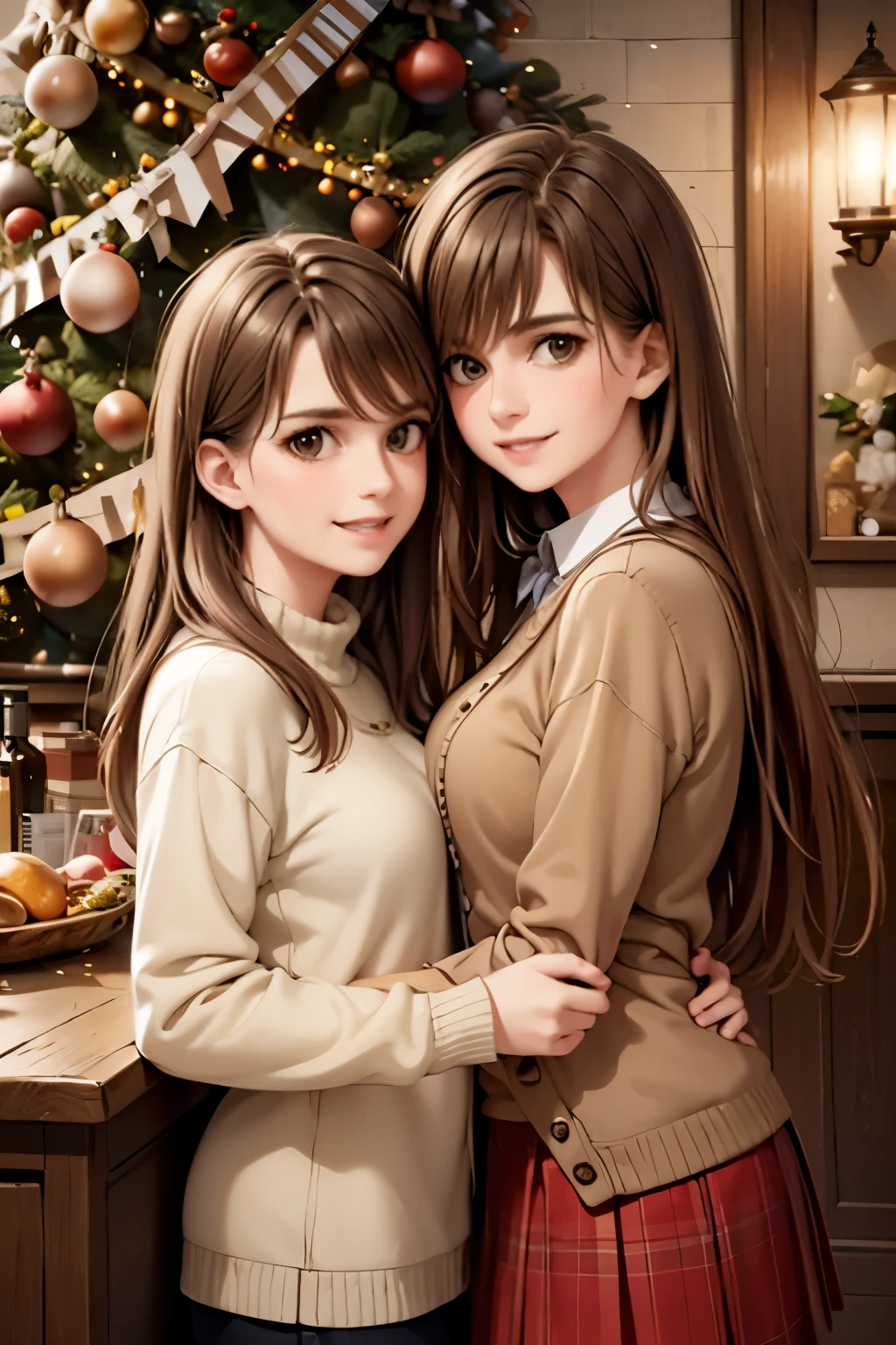 A mother and two daughters,  bright colors, high resolution, realistic portrait, avant-garde, affectionate bond, fashionable clothing, captivating smiles, natural beauty, professional lighting, contemporary style, artistic composition, Christmas Eve, Christmas decorations in the background, Christmas tree