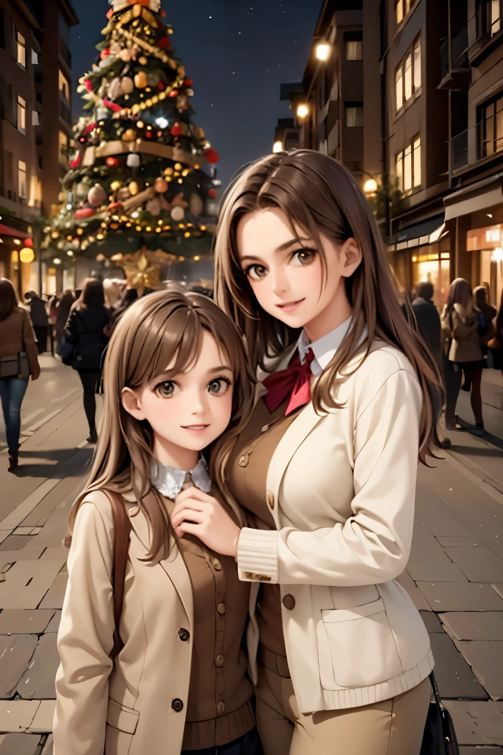 A mother and two daughters,  bright colors, high resolution, realistic portrait, avant-garde, affectionate bond, fashionable clothing, captivating smiles, natural beauty, professional lighting, contemporary style, artistic composition, Christmas Eve, Christmas decorations in the background, Christmas tree