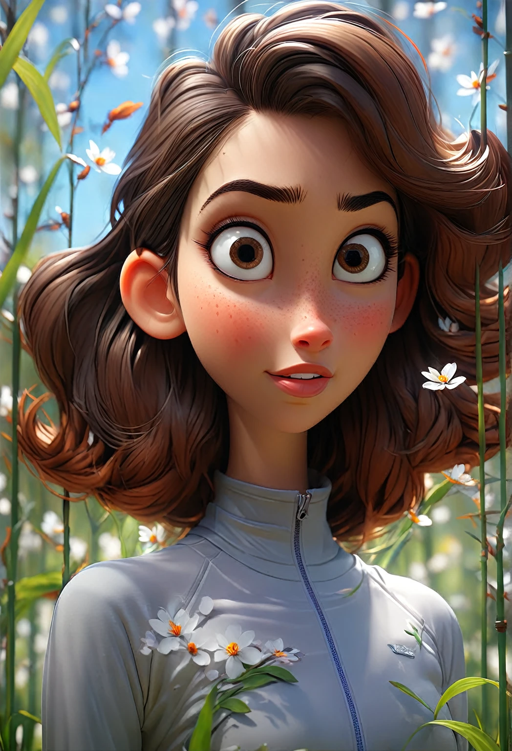 parted_poop head, beautiful woman(face_smile), crotop top, Wearing training pants, Pixar Art,Disney 3D Style, ( Take close-up photos_Upper body bust shot ), background_realistic beautiful nature( spring ), standing in the park, Elegant girl in her 20s, Fashion Shoot 8K, 