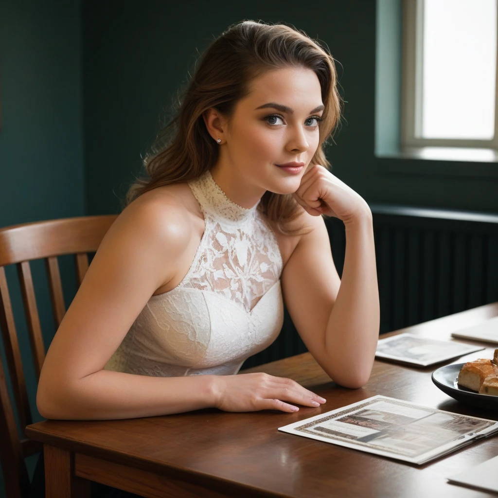  European woman sitting at a table supports her head bowed to shoulder with her fist,  photorealism positive , bright background beautiful 