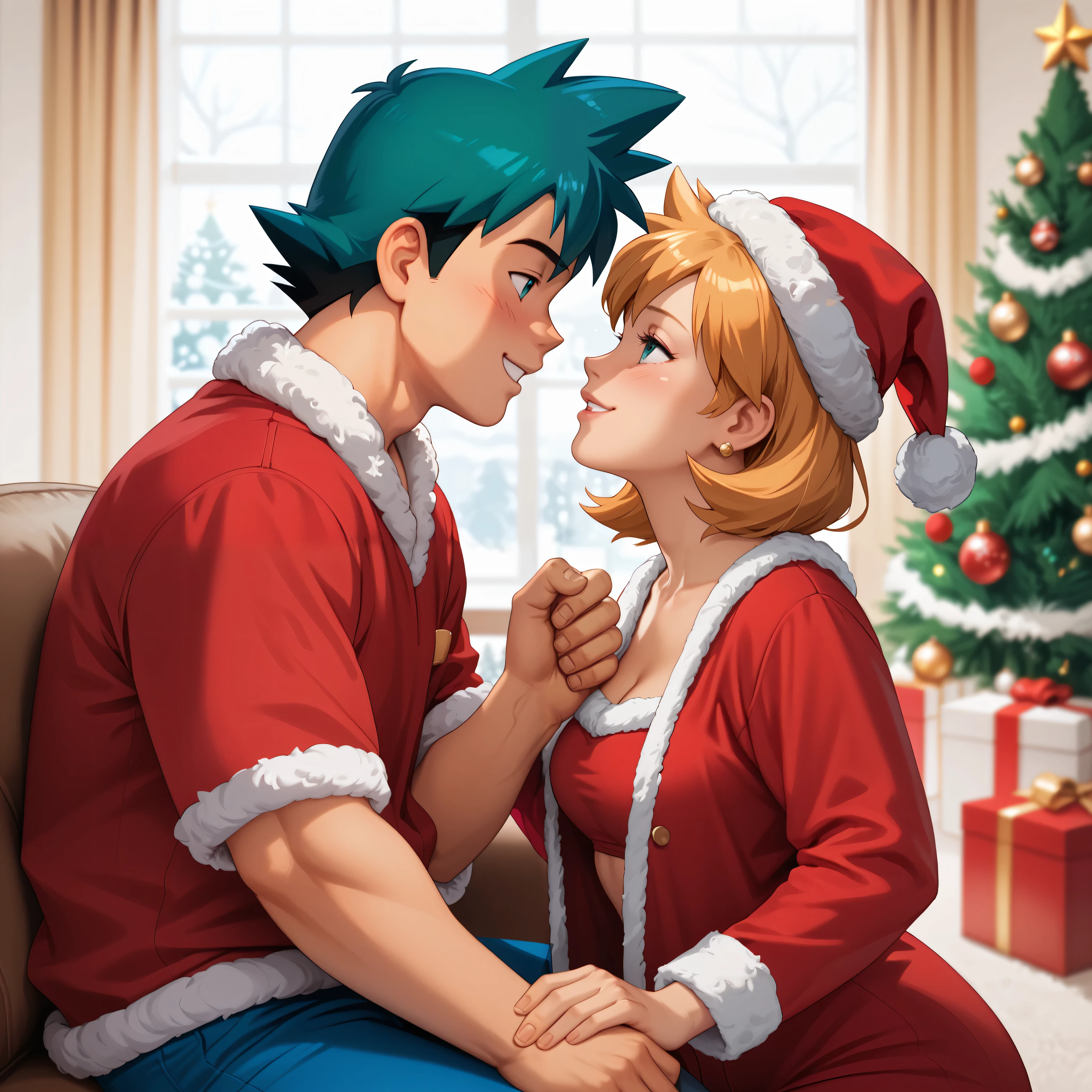 highly detailed, (couple), hetero, (duo focus), highres, 1man, 1woman, BREAK, 1man, ash ketchum, ashxyz, aged up, handsome boy, good looking boy, santa outfit, BREAK, 1woman, Misty_G, left hand, five fingers, christmas outfits, christmas tree, christmas decorations, cozy living room, christmas background,