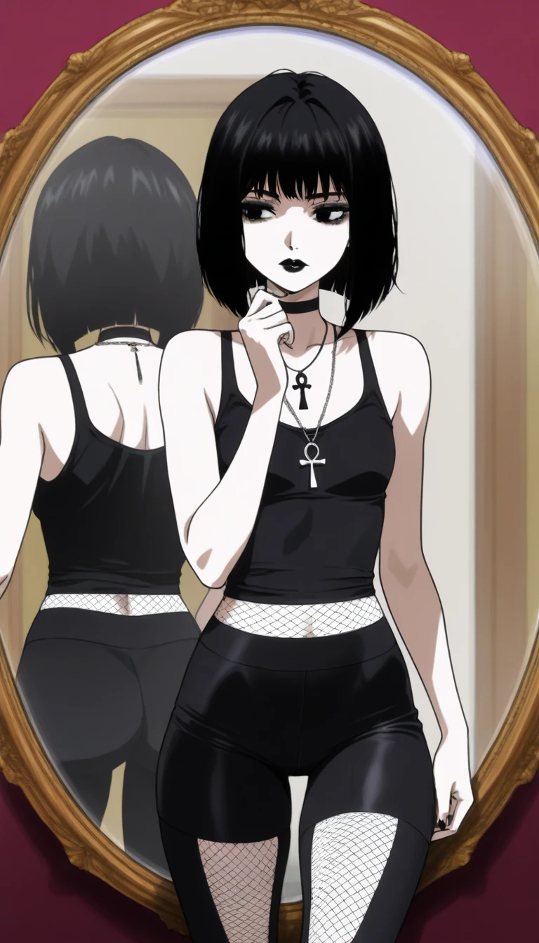  Snow-white gothic woman with half short and messy black hair wearing short tight black leggings, And half a black fishnet ,  black lips black eyes ,  black tank top wearing ankh necklace , Looking in a mirror , anime style