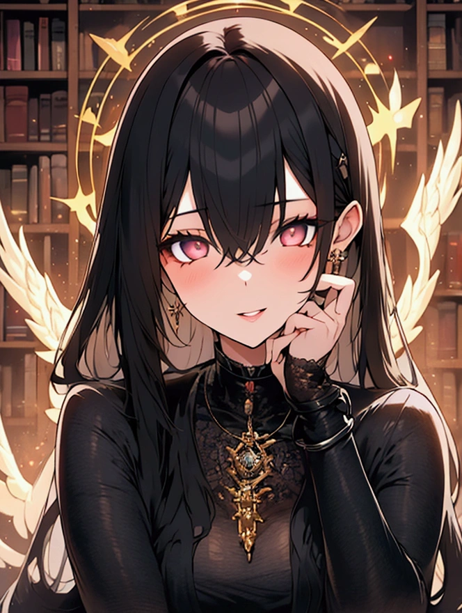 A sexy black haired women hypnotized cozy library background 