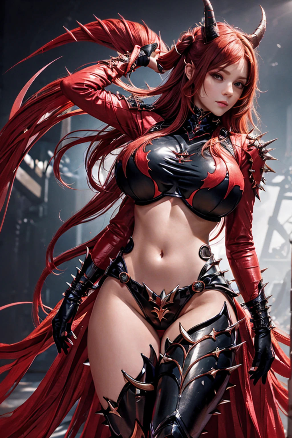 Create an image of the most stunningly gorgeous beautiful kijin, Stunningly gorgeous perfect face,  perfect makeup, detailed perfect silky smooth skin texture, detailed hour glass body figure, very long styled hair,  (matte black kijin armor spiked), ((underboob))), red horns, 