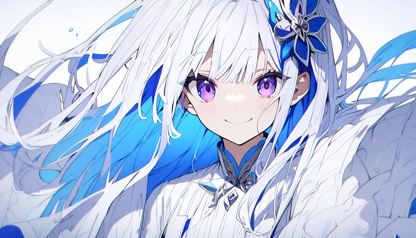 White hair, blue inner hair, purple eyes, looking at viewer, smiling, white dress, hair ornament 