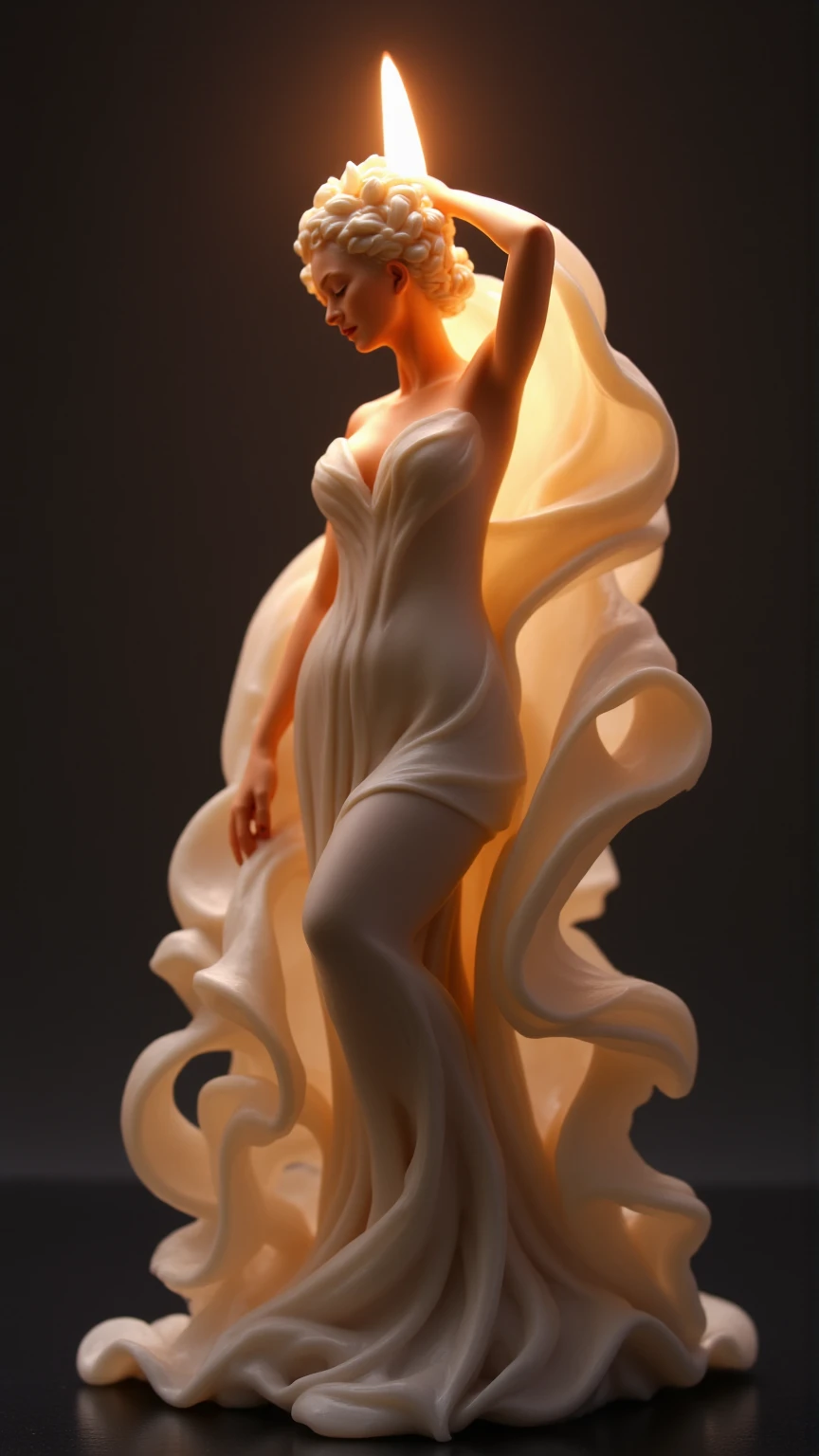 Imagine a single candle, exquisitely sculpted in the enchanting form of a curvaceous figure of a woman. Her silhouette is adorned with flowing curves and intricate folds that evoke the elegance of a gown. The wax possesses a soft, creamy texture, while the flame flickers gently at the crown of her head, resembling a radiant halo.

Delicate drips of melted wax cascade down her form, enhancing the lifelike detail as if she is awakening from a dream. The scene is bathed in her warm, flickering glow, casting playful shadows that dance around her, creating a serene and intimate ambiance. This magical moment captures the essence of beauty and transformation, inviting viewers into a world where art and fantasy intertwine.