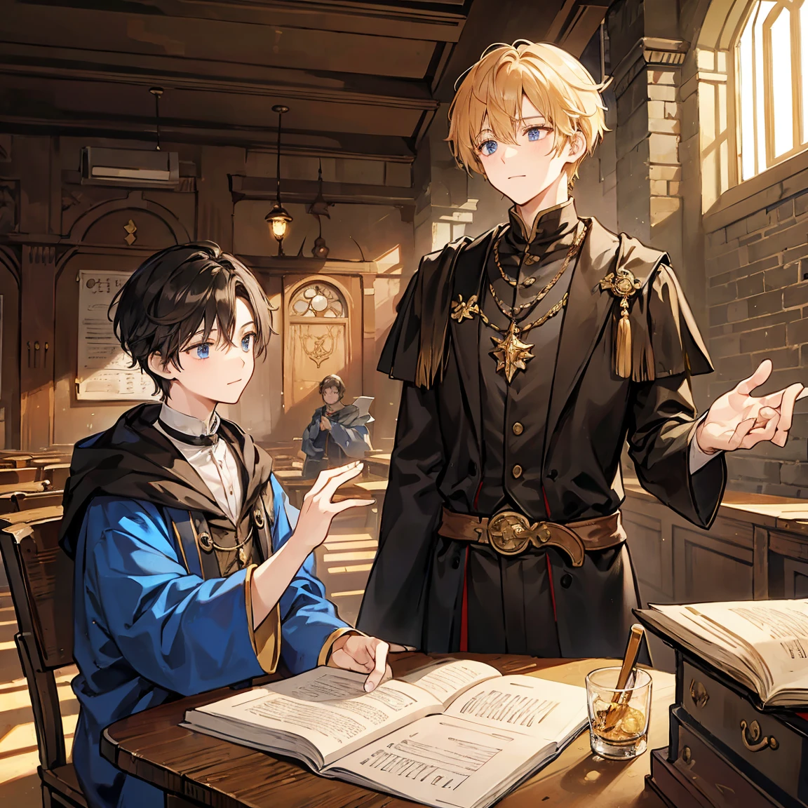 A merchant with short golden hair is chatting with a short black haired ...