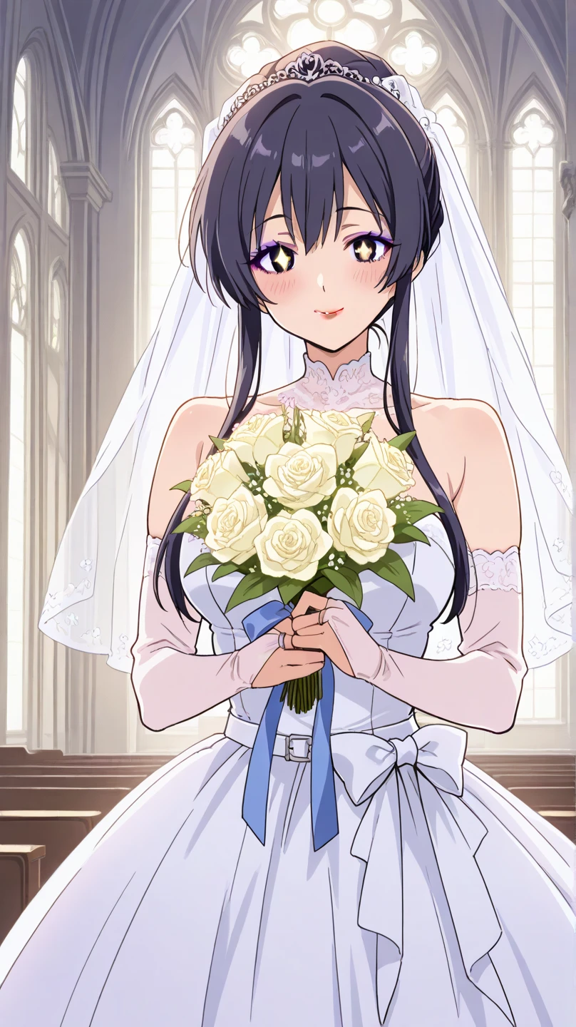 score_9, score_8_up, score_7_up, 1girl, Solo, Long Hair, Looking at viewer, Smile, Blush, High Resolution, tamao, wearing a wedding dress, veil, holding bouquet, at a church, bridal gauntlets, bow belt, red lipstick, purple eyeshadow, mascara, bridal makeup, hair bun, mature female, milf, motherly, (masterpiece), best quality, expressive eyes, perfect face, good hands, best hands, detailed, high quality, high resolution. 8k