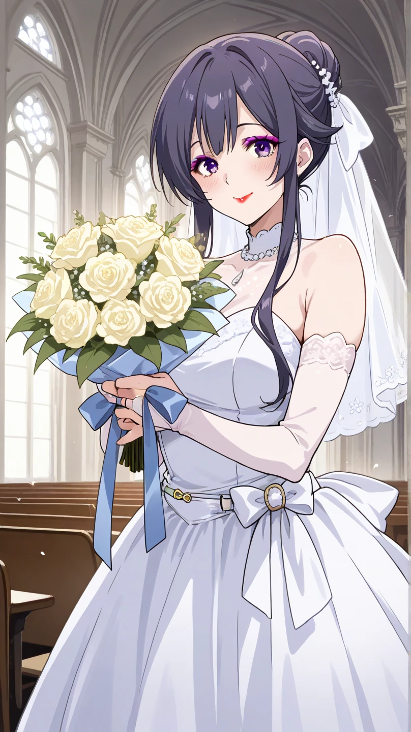 score_9, score_8_up, score_7_up, 1girl, Solo, Long Hair, Looking at viewer, Smile, Blush, High Resolution, tamao, wearing a wedding dress, veil, holding bouquet, at a church, bridal gauntlets, bow belt, red lipstick, purple eyeshadow, mascara, bridal makeup, hair bun, mature female, milf, motherly, (masterpiece), best quality, expressive eyes, perfect face, good hands, best hands, detailed, high quality, high resolution. 8k