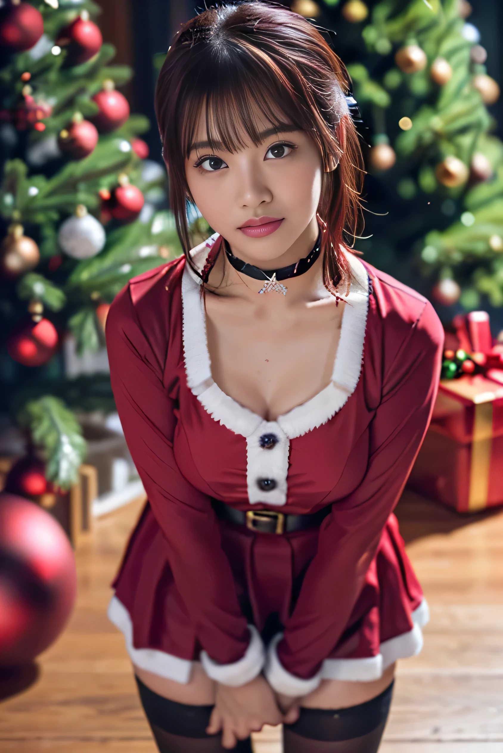 (realisitic、Photorealsitic:1.37)、(8K、Raw photography、top-quality、masterpiece:1.2)、Very cute woman、ultra-detailliert、Heart-shaped pupil、physically-based renderingt、超A high resolution、Kodak Vision Color、Captured with an Arricam LT camera、bokeh dof、foco nítido、(((Correct anatomy:1.2)))、masterpiece, ultra high res, (photorealistic:1.4), 8k, RAW photo, detailed shadow, best quality, amazing, finely detail, official art, absurdres, soft lighting, sharp focus, (bokeh:0.5), volumetric lighting,
(standing upright:1.5), (sitting straight:1.5),
BREAK 1girl, (light brown hair:1), (wavy hair:1.6), (short bob cut:1.5), (bangs:1), (small breasts:1), (perfect face:1.4), (long and narrow eyes:1.7), super detailed beautiful skin, (abs:0.7), (round face:1.8), (age:1.5),(18yo:1.2), (collarbones:1), (japanese face:1.2), (jk:1), (wide forehead:1.25), (skinny:1.2), (fair skin:1.5), (transparent skin:1.5),(Japanese idle:1.5), (lolie:1.5),
(very cute santa costume:1.5), (santa coustume skirt:1.5), (black knee-high stocking:1.3), (red santa long boots:1.3),
(turtle neck san
(smile:1.3),
(Honolulu:1.4), (outdoor:1.5), (holy night:1.5),