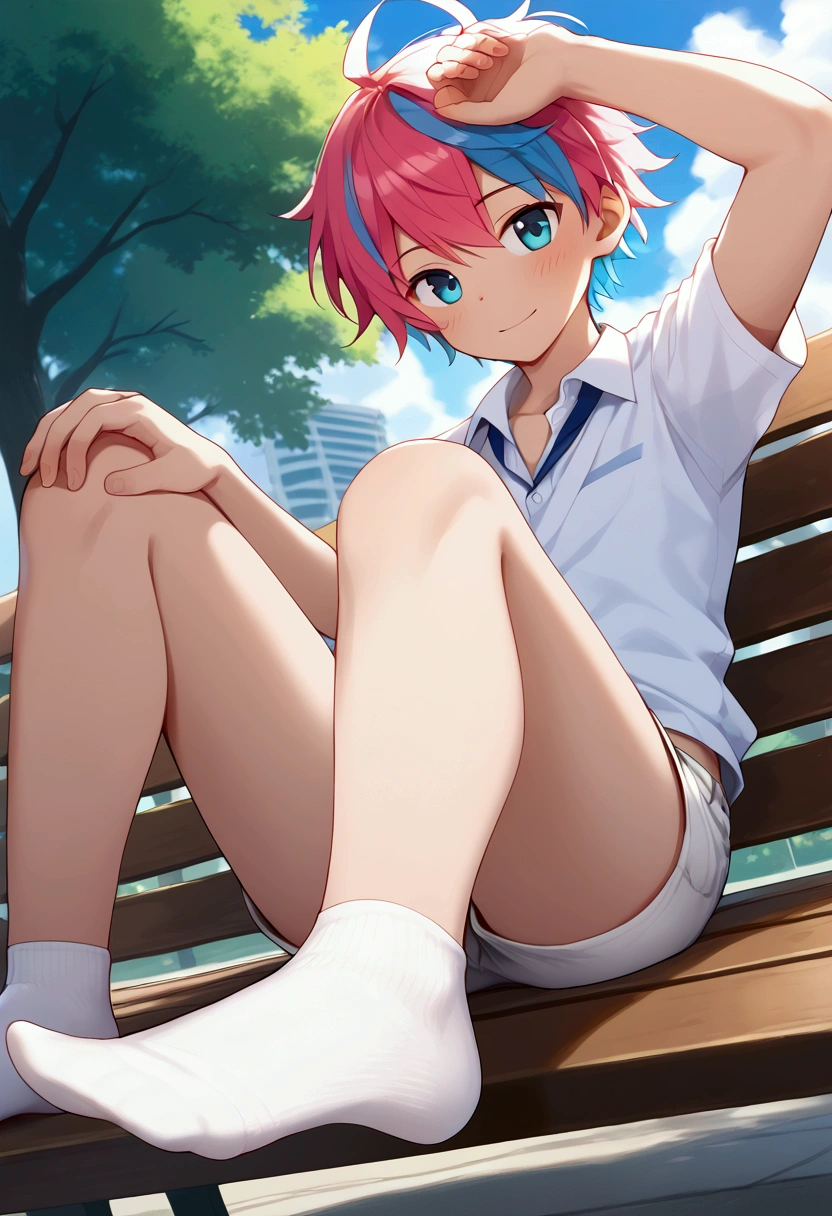  A cute boy with bright colored hair ,  short hair ,  he is wearing very short socks and medium shorts that show his great dignity. He is lying on a bench with one leg bent at the knee in the park . 