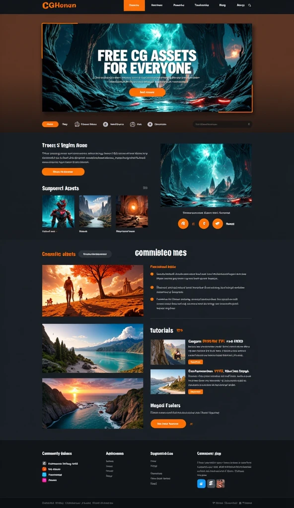 "A vertical homepage layout for CGHeven, featuring a sleek dark gray background with vibrant teal and orange accents. At the top, a sticky navigation bar includes Home, Assets, Tutorials, About, Support Us, and a search bar. The hero section displays a stunning CG render background with bold text: 'Free CG Assets for Everyone' and two call-to-action buttons: 'Explore Assets' and 'Watch Tutorials.' Below, a grid layout showcases featured assets like 3D models, VFX, and HDRIs with thumbnails and download buttons.  

A **Patreon support section** highlights community-driven funding with the title 'Support CGHeven on Patreon' and a description emphasizing the role of contributions in keeping the platform free. A prominent 'Support Us' button encourages action.  

Further down, a tutorials section includes embedded YouTube videos playable on the page, and a community showcase highlights user-submitted renders. The footer provides navigation links, social media icons, and a copyright notice. The layout is clean, engaging, and optimized for vertical scrolling."