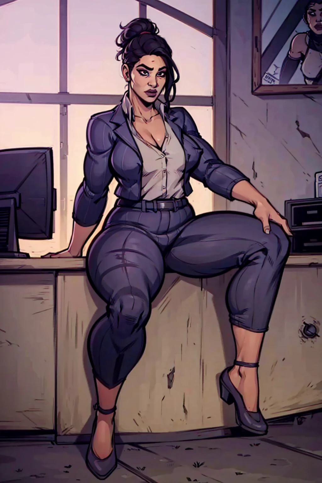 Digital comic art, angled view, sexy sitting pose, legs spread apart, full curvy figure, mature woman, adult female, whole body, form-fitting, Jane Romero (Dead by Daylight game) inspired costume, pinstriped blazer, blouse, belt, pinstriped baggy pants that ends above the ankle, belt, flat office heels, 1woman, solo, upper body, lower body, ((Extremely Detailed)), ((Best Quality)), ((Masterpiece)), ((4k)).
