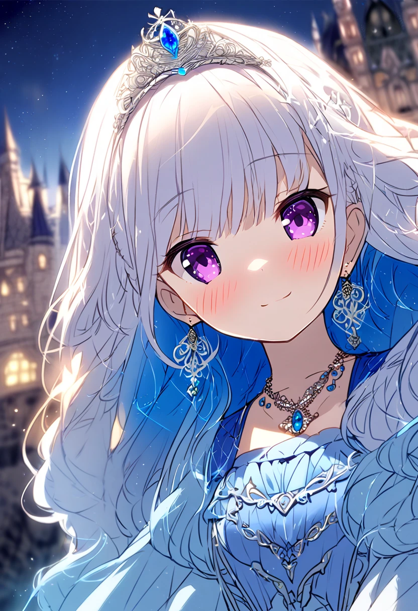 One girl with long wavy hair, bangs, white hair, blue inner hair:1.5) , purple eyes, looking at viewer, blushing, light smile, blue dress, puffy sleeves, tiara, earrings, dating, standing, necklace, castle, dizzy, mid-chest, night atmosphere, hair ornament, medium breasts, upper body, focus, blurry background