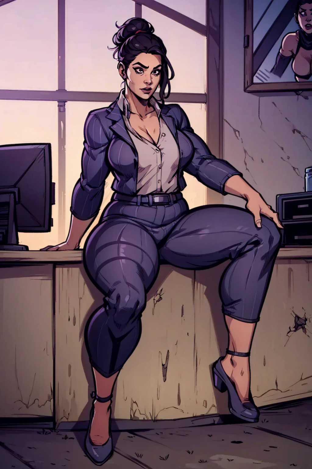 Digital comic art, angled view, sexy sitting pose, legs spread apart, full curvy figure, mature woman, adult female, whole body, form-fitting, Jane Romero (Dead by Daylight game) inspired costume, pinstriped blazer, blouse, belt, pinstriped baggy pants that ends above the ankle, belt, flat office heels, 1woman, solo, upper body, lower body, ((Extremely Detailed)), ((Best Quality)), ((Masterpiece)), ((4k)).
