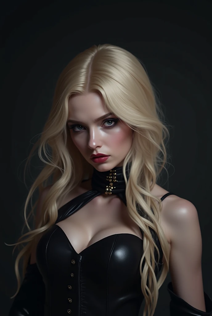 ((masterpiece)), ultra-realistic, portrait of a beautiful pale-skinned vampire (big tits) with (black enamel), a deep dark makeup, bright blue eyes, big exposed breasts, nudity, sexy, reveal, in a dark and gloomy environment. (Prompt is in Portuguese)