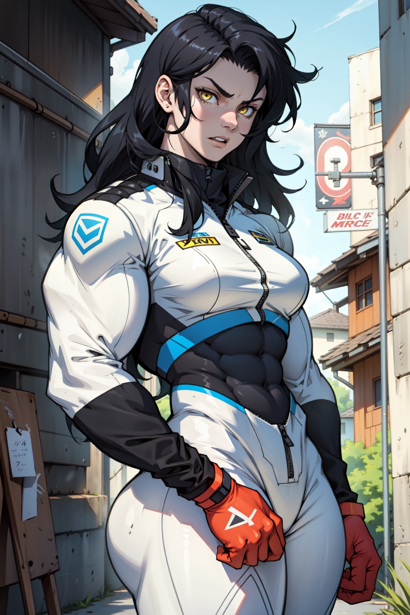1 girl, black hair, yellow eyes, very long hair, pale skin, ((((extremely muscular)))), large breasts, (confident expression), pilot suit, close up girl