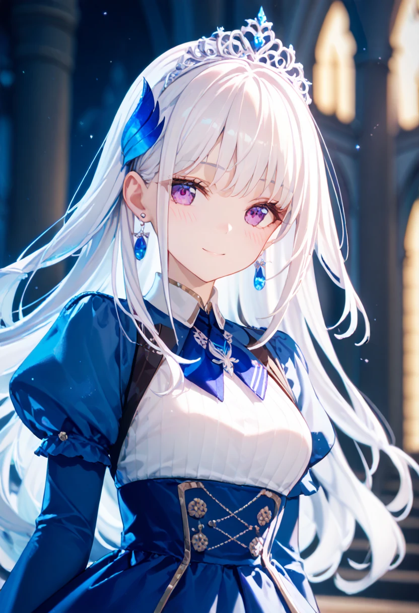 One girl with long wavy hair, bangs, white hair, blue inner hair:1.5) , purple eyes, looking at viewer, blushing, light smile, blue dress, puffy sleeves, tiara, earrings, dating, standing, necklace, castle, dizzy, mid-chest, night atmosphere, hair ornament, medium breasts, upper body, focus, blurry background