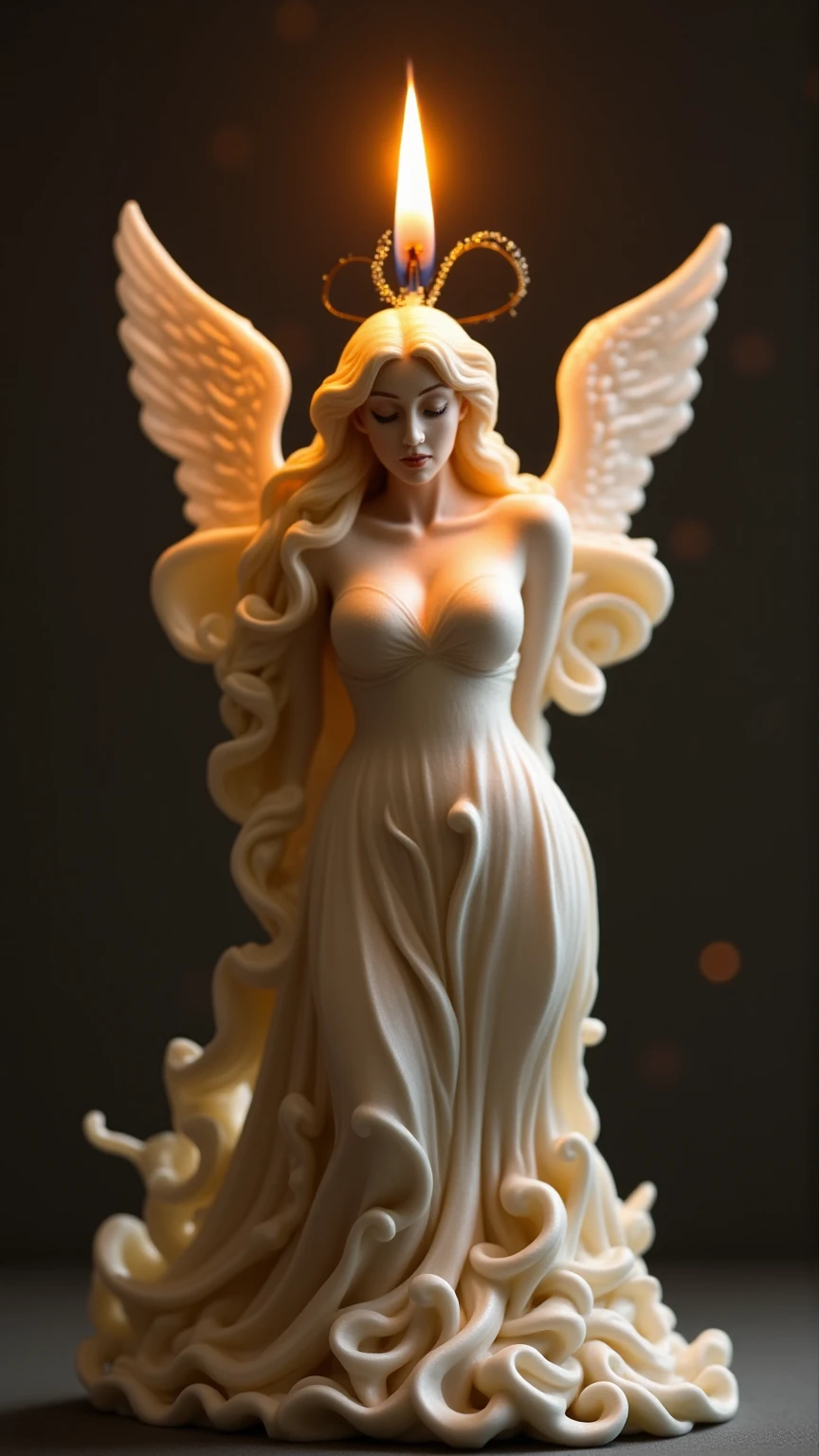 Imagine a single candle, exquisitely sculpted in the enchanting form of a curvaceous figure of a woman. Her silhouette is adorned with flowing curves and intricate folds that evoke the elegance of a gown. The wax possesses a soft, creamy texture, while the flame flickers gently at the crown of her head, resembling a radiant halo.

Delicate drips of melted wax cascade down her form, enhancing the lifelike detail as if she is awakening from a dream. The scene is bathed in her warm, flickering glow, casting playful shadows that dance around her, creating a serene and intimate ambiance. This magical moment captures the essence of beauty and transformation, inviting viewers into a world where art and fantasy intertwine.