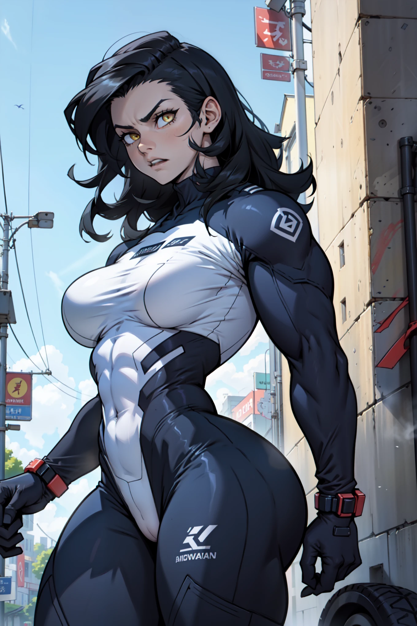 girl muscles huge tits pale skin black hair yellow eyes skintight sad