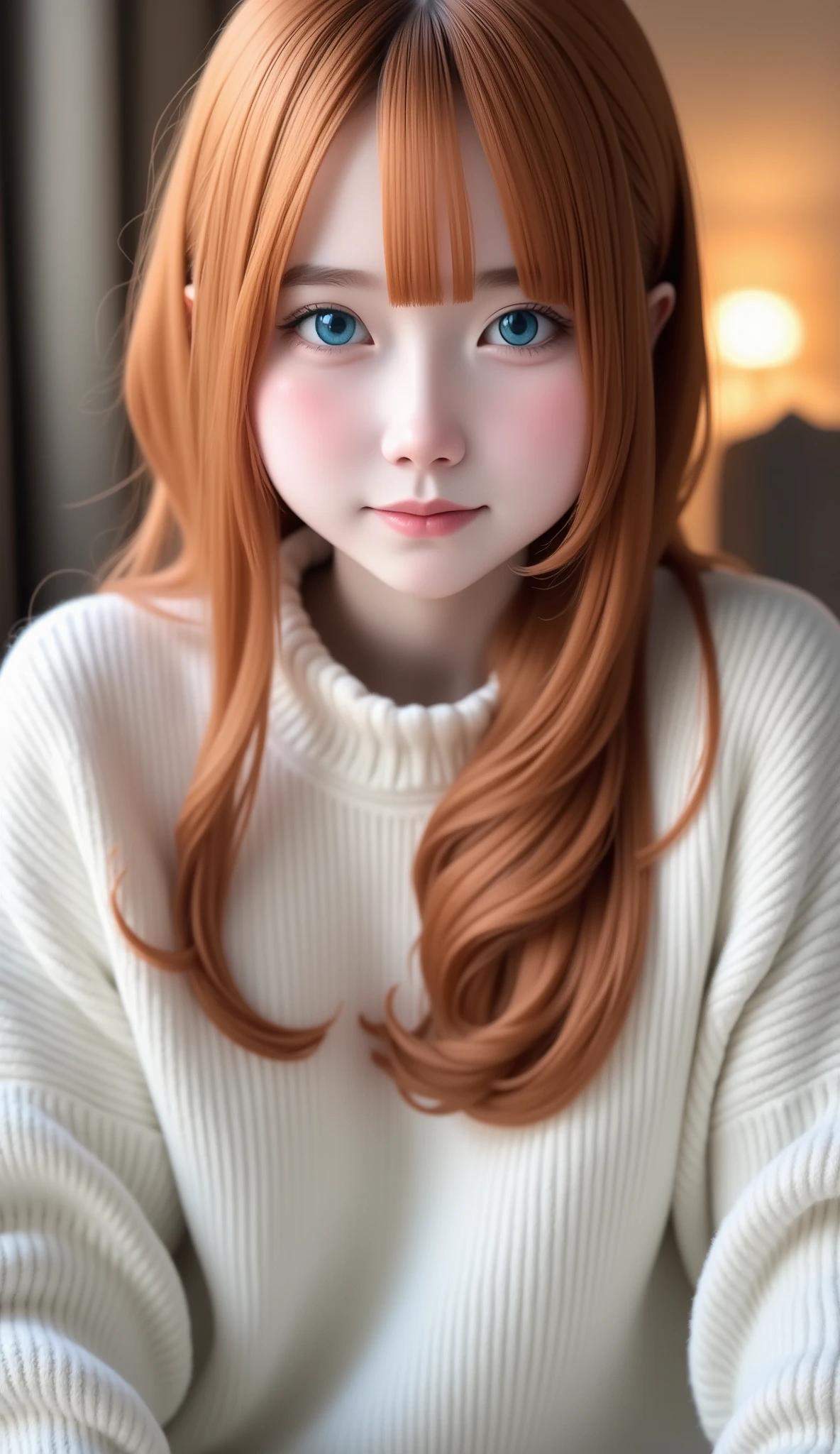 (((Solo Girl))) (   1 girl) ,    full body shot   ,   shooting from below  ,   RAW photos  , (12yo skinny redhead girl:1.2), ((baby face)) ((intense red hair)) ((   long hair  )),   blanking   , Realistic skin texture that conceals female genitals ,    Oversized Knitted Sweater   , (red:0.8), Softcore, Warm lighting ,  cozy atmosphere  , Naive, shy,  short, thin, fit,  beautiful, cute,   blue-white skin, ((   blanking   )),