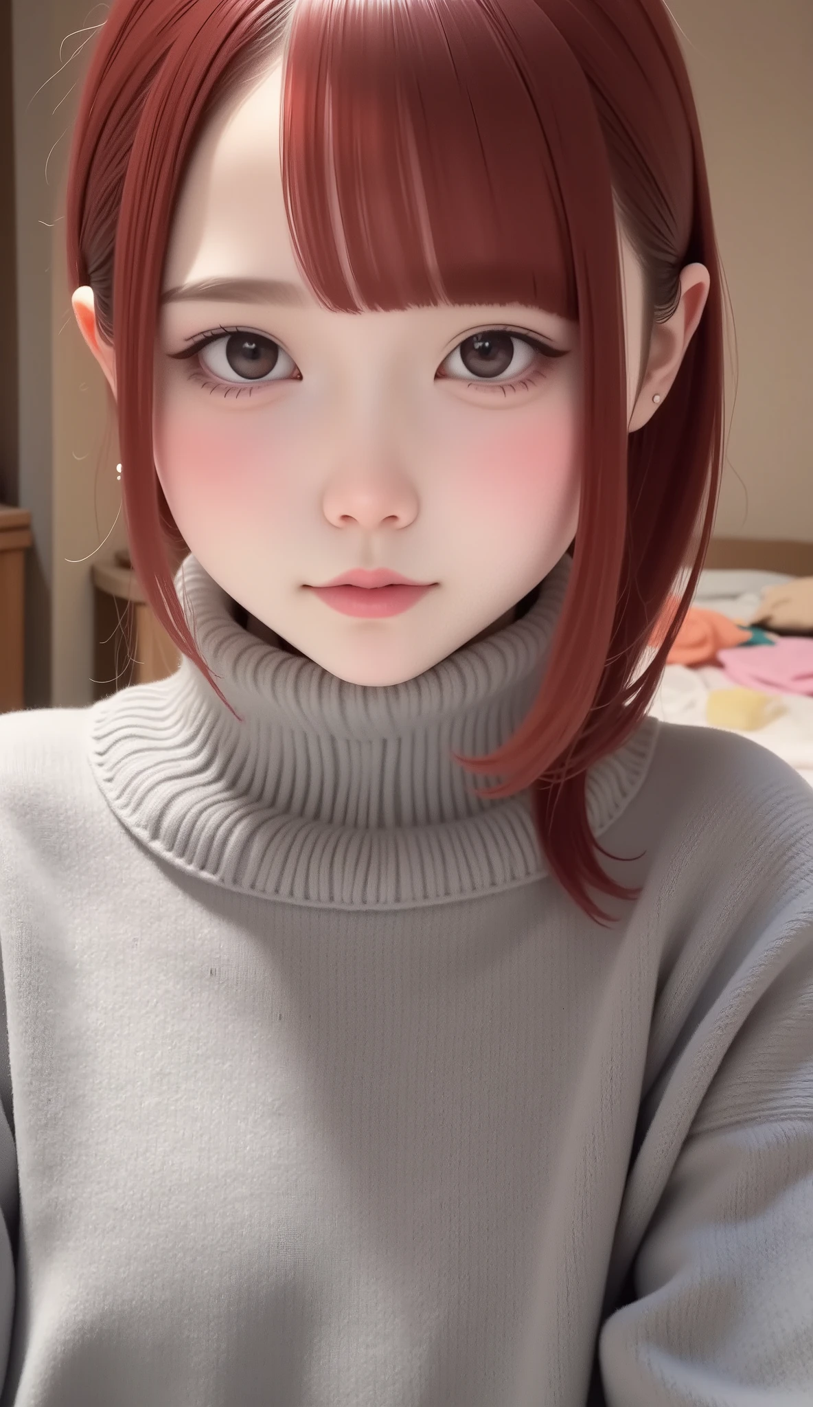 (((Solo Girl))) (   1 girl) ,    full body shot   ,   shooting from below  ,   RAW photos  , (12yo skinny redhead girl:1.2), ((baby face)) ((intense red hair)) ((   long hair  )),   blanking   , Realistic skin texture that conceals female genitals ,    Oversized Knitted Sweater   , (red:0.8), Softcore, Warm lighting ,  cozy atmosphere  , Naive, shy,  short, thin, fit,  beautiful, cute,   blue-white skin, ((   blanking   )),