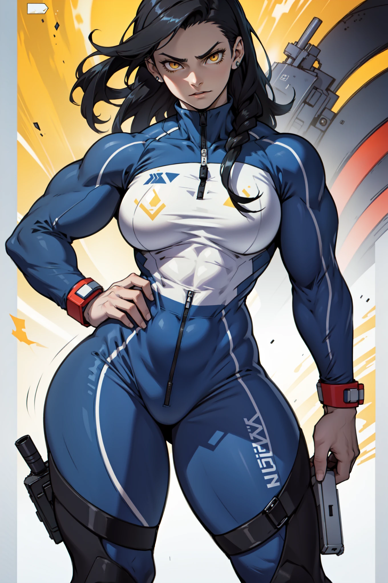 wide hips curvy thick thighs voluptuous huge breasts muscular toned body black hair pale skin yellow eyes skintight suit expressionless sad thick thick thick