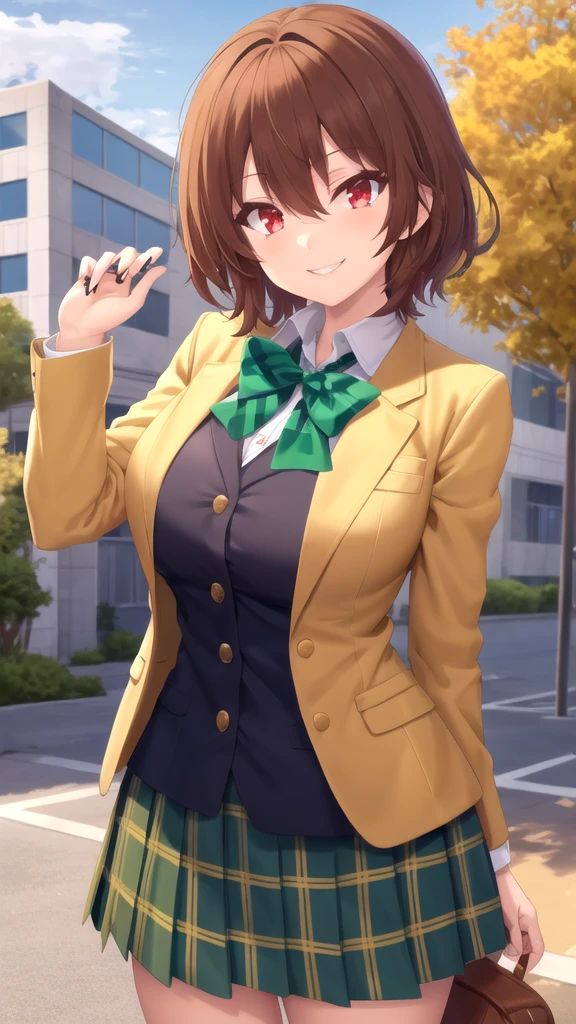 masterpiece, best quality, high quality, girl, solo, looking at viewer, keyaru_kaifuku_jutsushi, brown hair, red eyes, hair between eyes, large breasts, school uniform, green bowtie, blazer, yellow jacket, long sleeves, plaid skirt, green skirt, standing, cowboy shot, outdoors, smile,