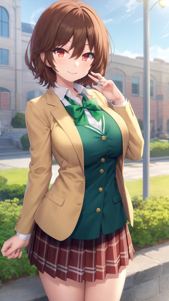 masterpiece, best quality, high quality, girl, solo, looking at viewer, keyaru_kaifuku_jutsushi, brown hair, red eyes, hair between eyes, large breasts, school uniform, green bowtie, blazer, yellow jacket, long sleeves, plaid skirt, green skirt, standing, cowboy shot, outdoors, smile,