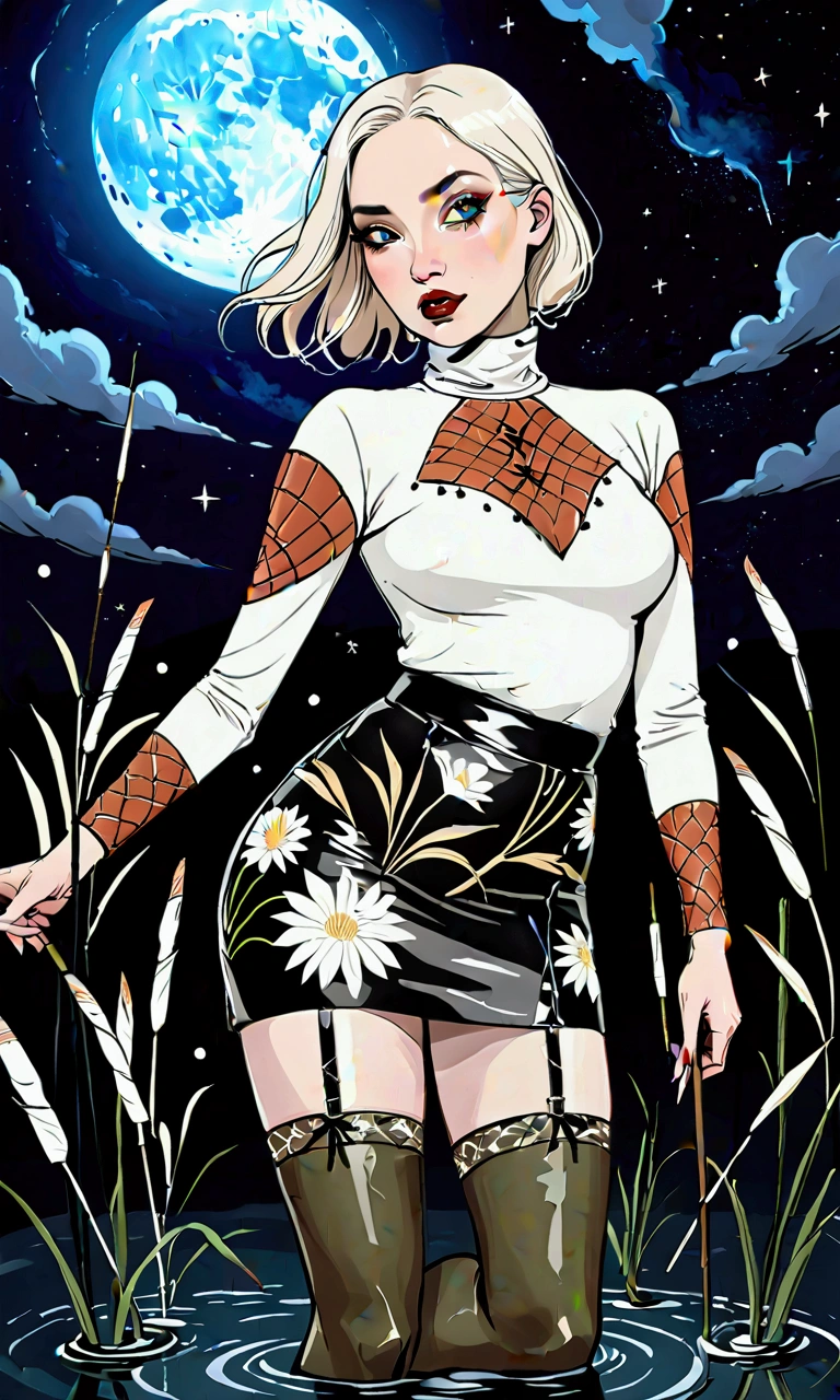 pale woman drowns , stuck in sludge, bold ritual makeup , floral patterns , turtleneck, pencil leather mini-skirt, stockings with garters , reeds, night sky, posing twists , studio night light , white, night sky stars