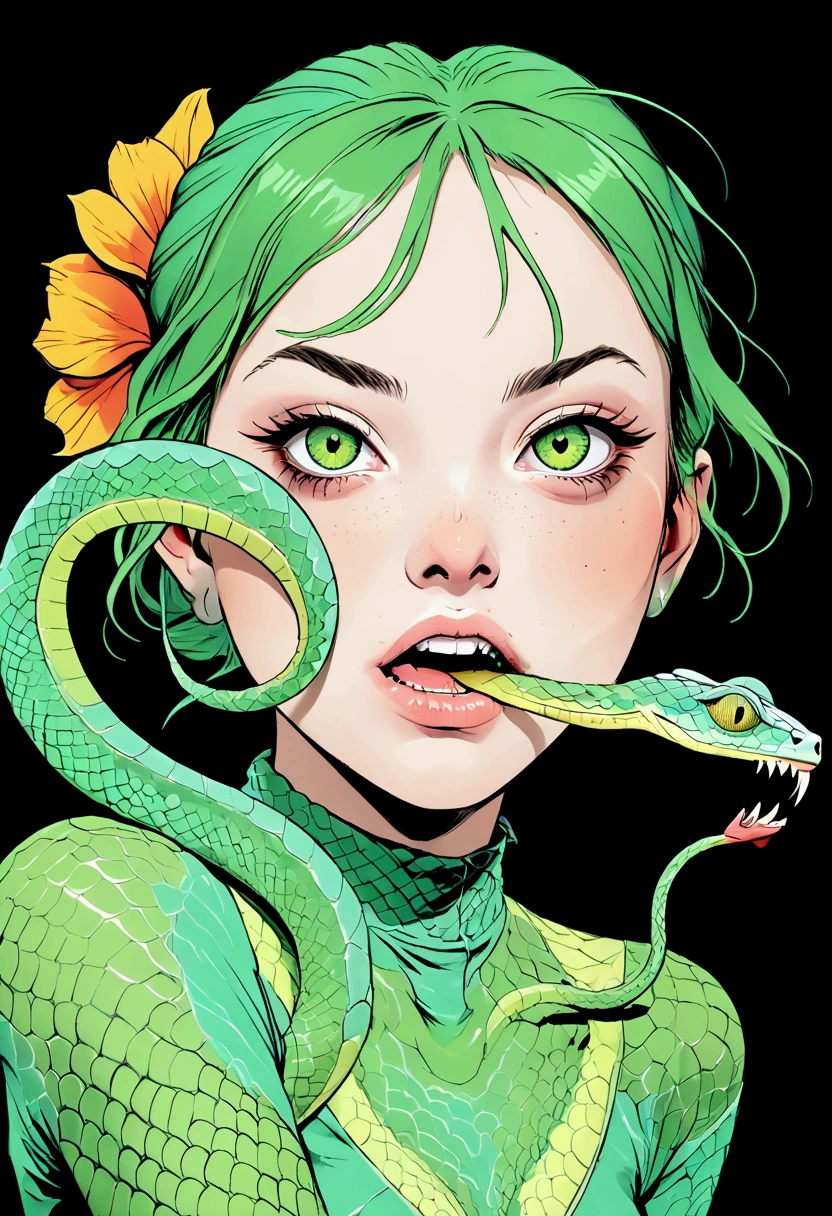 Half a chameleon girl ,  skin around her mouth is missing sharp teeth, place of arms green snakes  