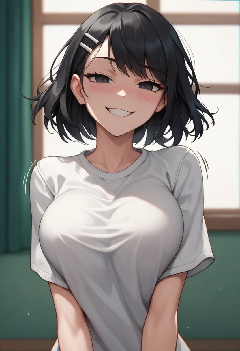 score_9, score_8_up, score_7_up, source_anime, best quality, clear face, friend's sister, black hair, black eyes, medium hair, large breasts, perfect body, looking at , cute embrassed,smug,lewd face,blush,wearing tight plain white shirt,view ,big tit,hot,r,motion lines,motioon lines,hourglass body,sexy,onlu upper body,close to face