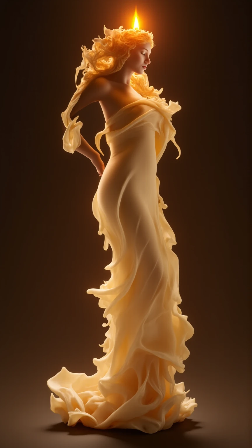 Imagine a single candle, exquisitely sculpted in the enchanting form of a curvaceous figure of a woman. Her silhouette is adorned with flowing curves and intricate folds that evoke the elegance of a gown. The wax possesses a soft, creamy texture, while the flame flickers gently at the crown of her head, resembling a radiant halo.

Delicate drips of melted wax cascade down her form, enhancing the lifelike detail as if she is awakening from a dream. The scene is bathed in her warm, flickering glow, casting playful shadows that dance around her, creating a serene and intimate ambiance. This magical moment captures the essence of beauty and transformation, inviting viewers into a world where art and fantasy intertwine.