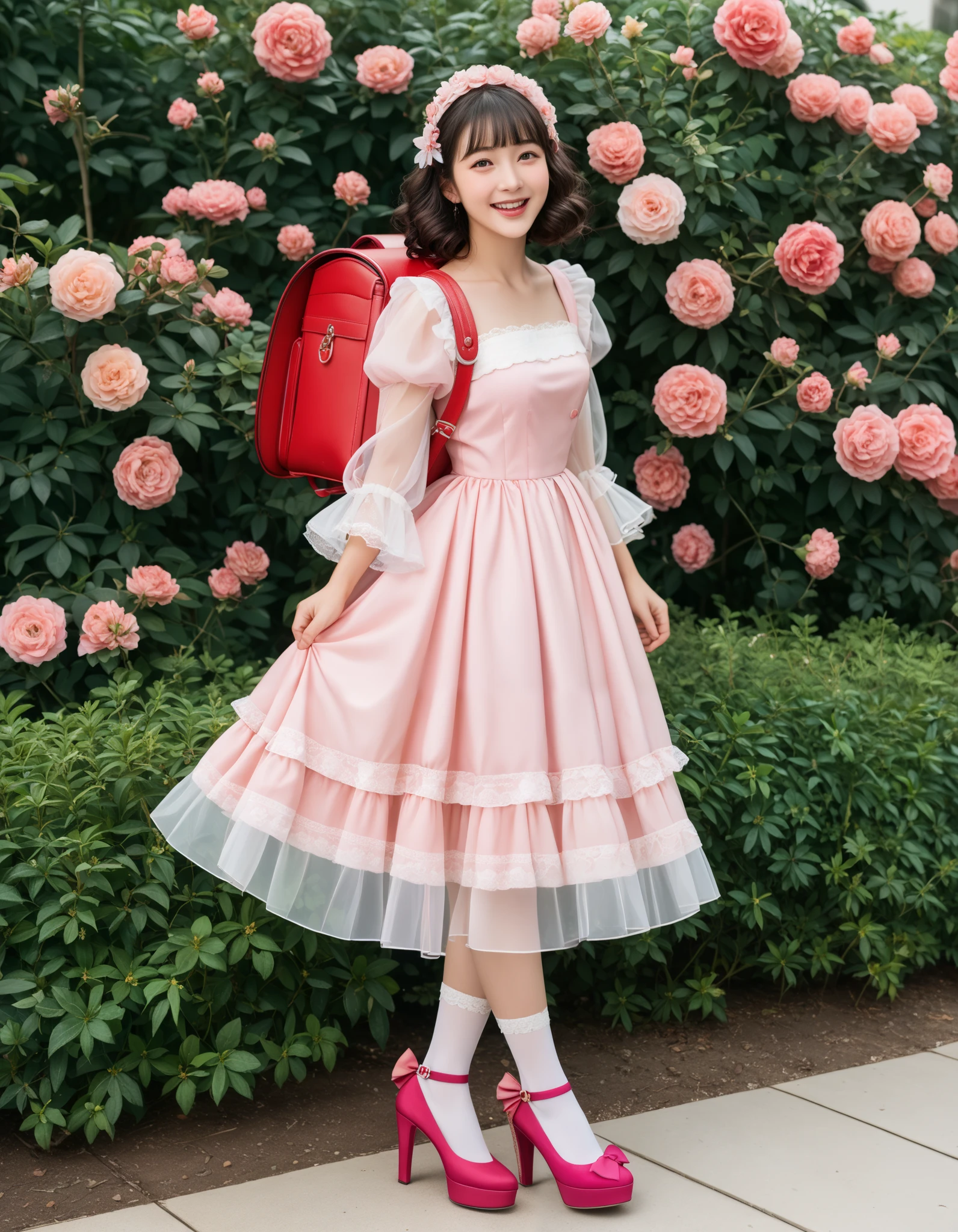 best quality, masterpiece, lifelike, 1 girl, alone, eternal, black hair, long curly hair, blunt bangs, Smile, pink skirt, pink party dress, layered skirt, long skirt,Layered dress lace-trimmed skirt, decorate, lace, long sleeve, puff sleeves, wide sleeves, Transparent sleeves, hair accessories, In the flower garden, flower, Detailed background, delicate face,pink blush,white,knee socks, Pink shoes,tutu,Lots of lace,((masterpiece))、(top quality)、8K、high detail、Super detailed、 night、21 year old woman,pink dress((dreamy atmosphere:1.1))、Seductive and whimsical style、masterpiece、born、Scenes resembling fairy tale illustrations、Intricate details showcase the ruffles and intricate design of the party dress、Beautifully、magic、capricious、 Beautifully、dream aesthetics、「𝓡𝓸𝓶𝓪𝓷𝓽𝓲𝓬、ethereal、charming、fickle、magic」、Realism、Visual effects、wearing red backpack、wearing Randoseru backpack、high resolution、ultra high definition、megapixel、(8K resolution:1.10)、8K、8K less、8K resolution、high detail、intricate details、A look of surprise and awe on her face、 (high quality:1.2、masterpiece:1.2、:1.21)、(21 year old female:1.21)、(smile excitedly)、(Surrounded by the dreamy atmosphere of an amusement park)、pink party dress、Her eyes were full of surprise and joy、Shooting at many geeks、、High heel、slime、A slender one、standing at outdoor