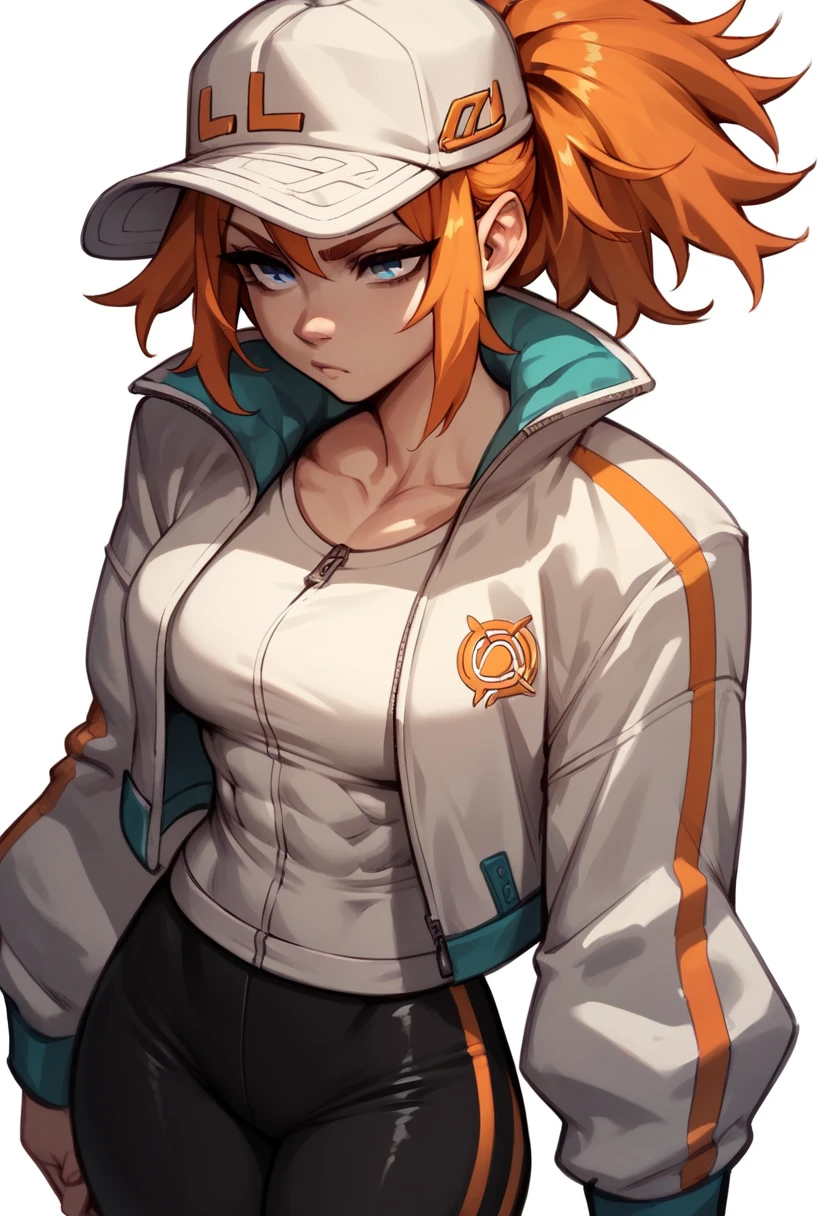 Midly Muscular woman in fantasy clothes, Long orange hair under a cap, blue eyes, tight white jacket, black pant, intricate pencil sketch, expressive eyes and nose and mouth, un-zoom, highly detailed, dynamic pose, white background