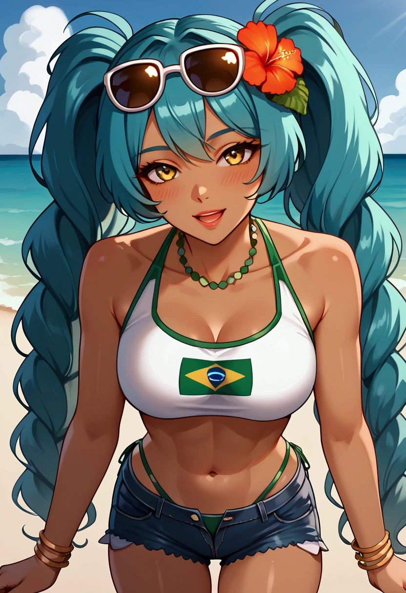 Full quality, HD, 8k, Ultradetailed, beautiful, high detailed, 1 girl, Miku Brazil, Brazilian Miku, seductive eyes, lips, drunke, blushing,smile, open mouth, eyes up,brown skin, fit body, flat busty, blue hair, two very long pigtails, up sunglasses on head, flowers on hair, bikini, yellow tight Brazil t-shirt, tight jeans shorts, Beach, beach day, clear day, sensual pose, pov from bellow