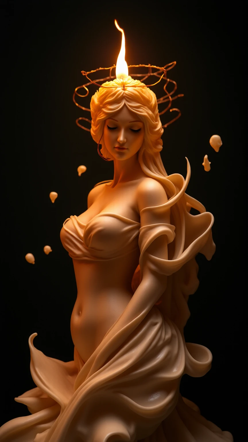 Imagine a single candle, exquisitely sculpted in the enchanting form of a curvaceous figure of a woman. Her silhouette is adorned with flowing curves and intricate folds that evoke the elegance of a gown. The wax possesses a soft, creamy texture, while the flame flickers gently at the crown of her head, resembling a radiant halo.

Delicate drips of melted wax cascade down her form, enhancing the lifelike detail as if she is awakening from a dream. The scene is bathed in her warm, flickering glow, casting playful shadows that dance around her, creating a serene and intimate ambiance. This magical moment captures the essence of beauty and transformation, inviting viewers into a world where art and fantasy intertwine.